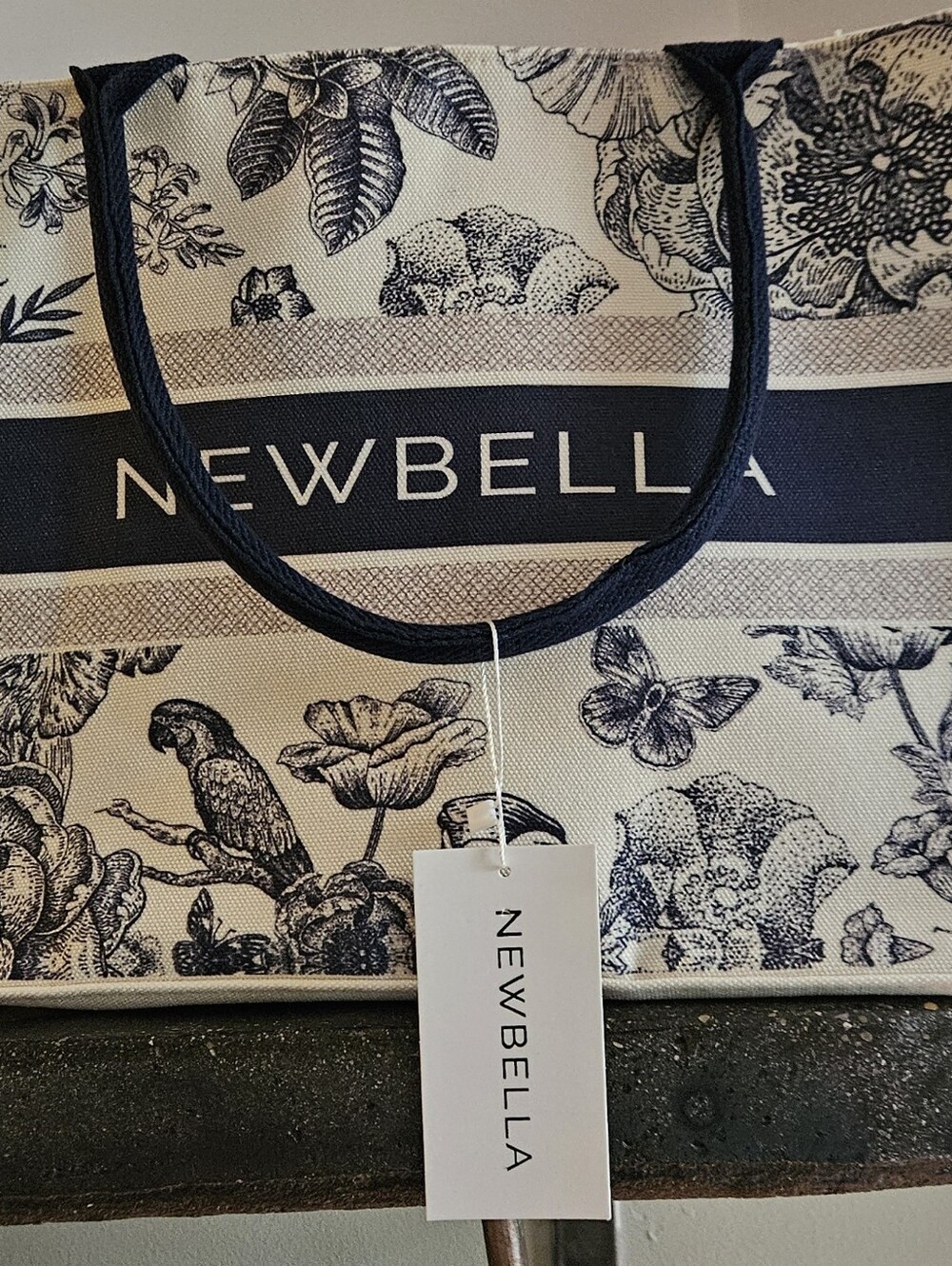 NEWBELLA LA Canvas Tote Bag Navy White Floral Birds Toile Bag NEW